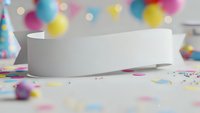 White blank paper banner ribbon on festive party table with colorful confetti and bokeh lights background for celebration design and text placement.