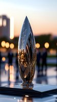 Modern metallic sculpture with leaf-like design reflects sunset light and city bokeh, creating dramatic contrast between shiny surface and warm evening atmosphere.