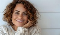 Smiling woman with curly brown hair wearing cozy white sweater, resting chin on hand against light background. Natural beauty portrait.