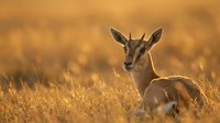 Young impala antelope resting in golden savanna grassland during warm sunset light creating peaceful wildlife scene in natural habitat.