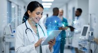 Female doctor using digital tablet with holographic medical interface in modern hospital corridor for healthcare technology innovation.