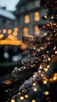Festive Christmas tree branches with warm golden lights creating magical bokeh effect against cozy home background for holiday decorations and seasonal celebrations.