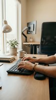 Professional man typing on keyboard at modern home office desk with coffee cup, plant, and dual monitor setup for remote work productivity.