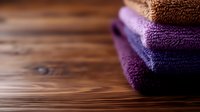 Stack of folded purple and brown cotton terry towels on wooden background with copy space, soft focus. Suitable for spa, bathroom and wellness designs.