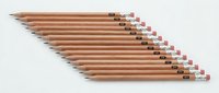 Row of wooden pencils with pink erasers arranged diagonally on white background, office supplies for writing and drawing projects.