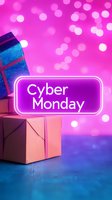 Glowing neon Cyber Monday sign with gift boxes against pink bokeh background, creating modern shopping atmosphere for seasonal sale promotions.