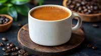 Fresh espresso in white ceramic cup on wooden coaster surrounded by scattered coffee beans, dark moody background with selective focus and rich crema on top.