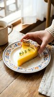 Woman hand reaching for slice of lemon tart on decorative plate with coffee cup on wooden table by window in cozy kitchen setting.