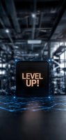 Glowing "LEVEL UP!" text on black cube against industrial background with digital network connections, perfect for gaming or business motivation concepts.