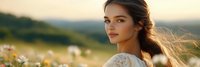 Young woman with long brown hair and olive complexion in white lace dress standing in wildflower meadow at golden hour, looking over shoulder with serene expression, natural outdoor portrait.