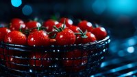Fresh ripe red strawberries in glass bowl with water droplets on dark background with blue bokeh lights for culinary and food photography projects.