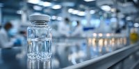 Medical vial with clear liquid on laboratory counter in modern pharmaceutical research facility with blurred equipment background for healthcare industry.