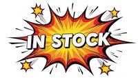 Comic book style explosion burst with "IN STOCK" text in white letters. Colorful pop art design with red, orange, yellow flames and stars on white background.
