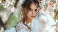 Young woman in white lace dress amid spring cherry blossoms, soft natural lighting creates dreamy atmosphere, romantic portrait with gentle smile and flowing hair.