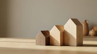 Three wooden house models arranged by size on a warm surface, casting soft shadows in natural light, symbolizing real estate growth and property investment.