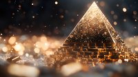 Golden pyramid with sparkling glitter particles and bokeh lights on dark background, creating magical atmosphere for luxury design and mystical concepts.