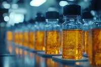 Laboratory glass vials filled with golden liquid samples arranged in rows for pharmaceutical research and chemical analysis in modern facility.