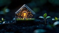 Glowing light bulb inside glass house with magical sparkles next to growing green plant sprout on dark soil, symbolizing sustainable energy and growth concept.