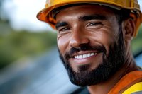 Confident African American male construction worker with beard and yellow hard hat smiling at camera. Professional portrait showing diversity in workforce.