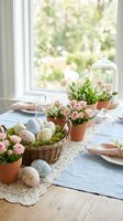Easter table setting with pastel eggs in wicker basket, pink roses in terracotta pots and spring decorations by sunny window for holiday celebration.