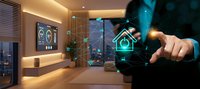 Smart home automation system with businessman controlling IoT devices through holographic interface in modern luxury apartment interior.