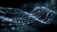 Abstract digital wave of glowing particles flowing on dark background, creating futuristic technology visualization for science or data concept.