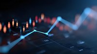 Glowing blue line chart and red candlestick graph on dark background showing market data analysis, financial trading statistics and stock exchange trends.