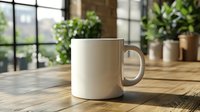 White ceramic coffee mug mockup on wooden table near window with green plants, natural lighting creates soft shadows, lifestyle product photography setup.