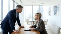 Middle-aged Caucasian male executive in dark suit leaning over conference table during business meeting with blonde female colleague in brown blazer in modern high-rise office with city skyline view.