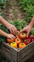 Adult male and child harvesting fresh organic tomatoes and bell peppers from wooden raised garden bed. Sustainable farming, homegrown vegetables, gardening education and family agriculture concept.