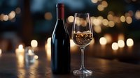 Wine glass filled with golden liquid and dark bottle on wooden table with romantic candlelight and bokeh background creates intimate atmosphere.
