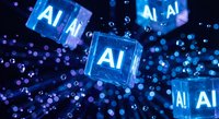 Glowing blue AI cubes floating in digital space with bokeh lights representing artificial intelligence technology and machine learning concepts.