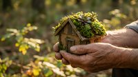 Hands holding miniature wooden house covered with green moss in natural forest setting symbolizing eco-friendly living and environmental protection.