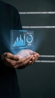 Businessman holding holographic digital display with bar chart analytics, power level indicator and active status icon for business intelligence and data visualization concepts.