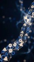 Digital network security concept with glowing shield icon and connected geometric nodes on dark blue background for cybersecurity and data protection designs.