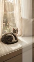 Tabby and white cat resting on sunny windowsill with sheer curtains, gazing outdoors at garden. Peaceful domestic scene for home decor and lifestyle content.