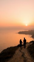 Couple holding hands standing on coastal cliff at golden hour sunset overlooking calm ocean waters and distant shoreline, romantic travel and relationship concept for lifestyle and engagement themes.
