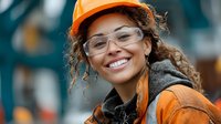 Smiling young African American woman construction worker wearing orange hard hat and safety glasses at industrial site for workplace safety campaigns.