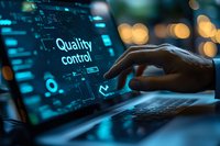 Male hand touching laptop screen with quality control dashboard, digital analytics interface with glowing bokeh background.