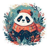 Cozy panda bear wearing winter knit hat and scarf surrounded by seasonal foliage and berries in coral and teal colors, decorative floral frame design.