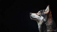 Dramatic portrait of Siberian Husky dog with piercing blue eyes looking up against black background, side view profile showing distinctive facial markings and alert expression.