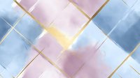 Elegant geometric pattern with soft pink and blue watercolor textures divided by delicate golden lines creating modern abstract composition. Seamless repeat design.