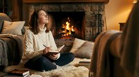 Young woman reading book by cozy fireplace in warm living room. Relaxing evening at home with soft lighting and comfortable atmosphere.