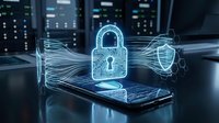 Cybersecurity concept with glowing padlock hologram above smartphone in modern server room representing data protection and digital security technology.