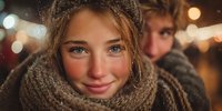 Young woman with blue eyes wearing cozy knit scarf and hood in warm evening light with bokeh background for winter fashion and lifestyle concepts.