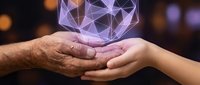 Elderly and young hands holding glowing purple geometric heart shape representing love, care, family bonds, generational connection and emotional support.