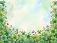 Watercolor St. Patrick's Day background with green clovers and wildflowers, soft pastel sky, copy space for text or greeting cards.