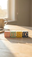 Colorful wooden blocks spelling PTSD arranged on a sunlit wooden desk with a coffee mug and window in background, representing mental health awareness and post-traumatic stress disorder education.