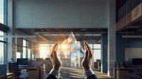 Business hands protecting glowing geometric crystal pyramid symbol in modern office workspace representing innovation, leadership and corporate growth strategy.