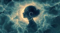 Silhouette of woman with curly hair against glowing turquoise clouds and golden light, mystical ethereal atmosphere creates dreamy artistic composition.